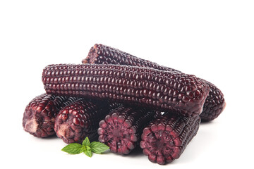 Sweet Black Jade Sticky Corn Cobs with Fresh Mint Leaves on White Background © BuiThi