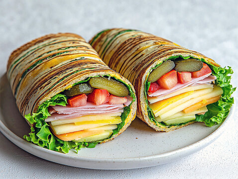 Two halves of a ham and cheese wrap with lettuce, tomato, and pickles