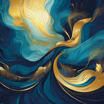 Vibrant abstract work in blue and golden