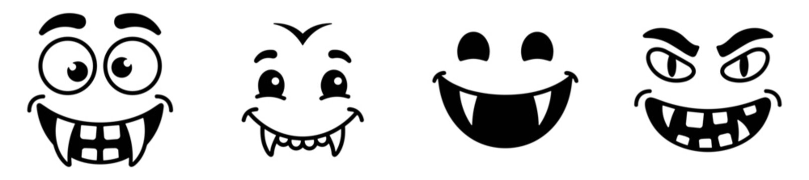 black vampire cartoon faces with fangs vector illustrations on transparent background