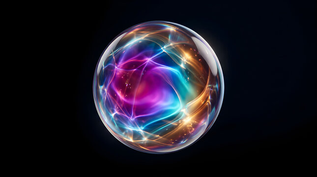 Abstract glowing energy sphere with swirling purple, blue, and orange light patterns on a black background