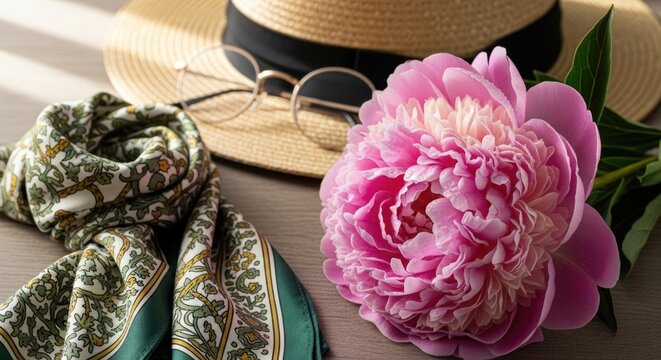 Pink peony flower, straw hat, glasses and scarf on table