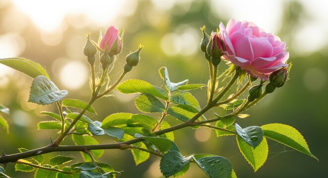 Pink rose flower on a branch with green leaves