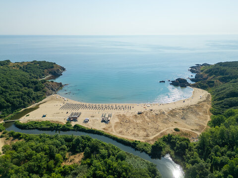 Aerial View of Silistar Beach Bay Surrounded by Forest in Bulgaria