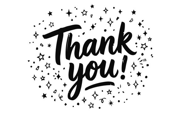 Black and white hand drawn lettering of thank you with decorative stars and sparkles isolated on white background