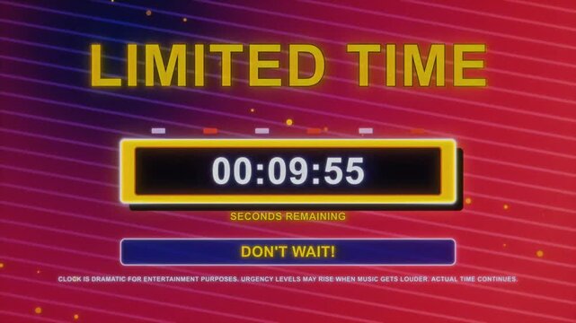 Urgent 1990s style limited time offer with countdown timer on red gradient. High-pressure sales tactic parody featuring bold yellow text and dramatic messaging typical of retro TV ads.
