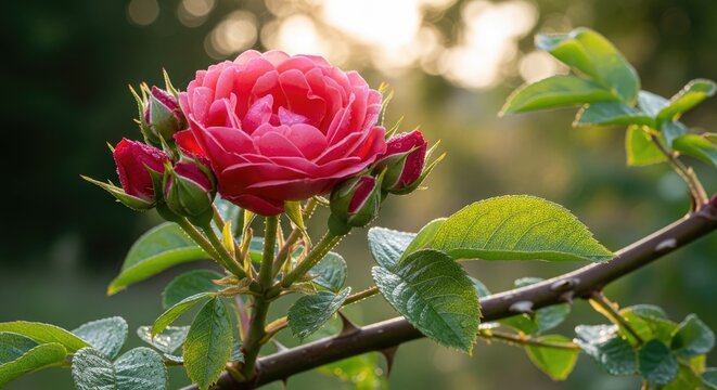pink rose on a branch with green leaves