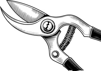 庭のメンテナンス用のバネ機構付き剪定ばさみの詳細な白黒イラスト