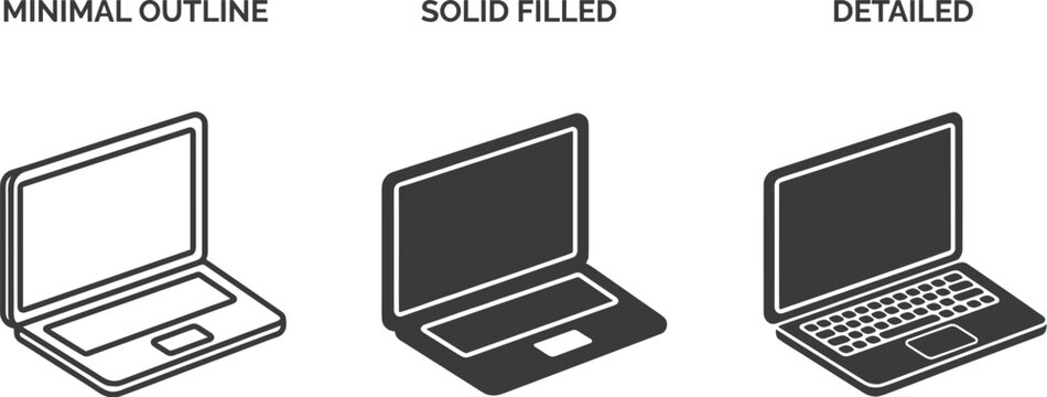 Laptop icon style comparison illustration, minimal outline solid filled detailed computer design, modern technology device artwork graphic