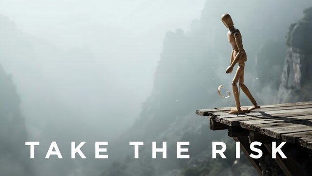 Wooden mannequin standing on the edge of a wooden platform overlooking a misty mountain abyss