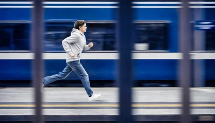 Motion-blurred figure wearing a hooded sweatshirt running past a train platform, viewed through foreground structures, conveying movement, urgency, urban life, and mystery. © ginettigino