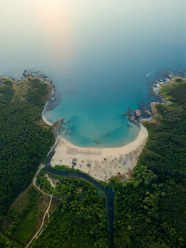 Aerial View of Silistar Beach Bay Surrounded by Forest in Bulgaria