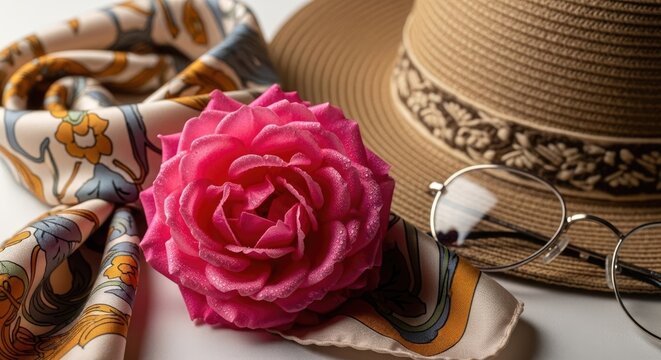 Pink rose, hat, scarf and glasses on white background