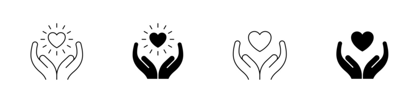 Charity Care icon set, Supporting Hands Heart Icons, Hands Holding Heart Icon Set, Care Love Charity Vector Symbols