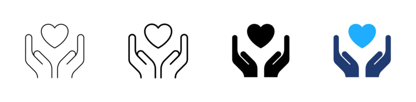 Hands Holding Heart Icon set, Charity Care Support Vector Collection, Love Protection Charity Symbols for App UI