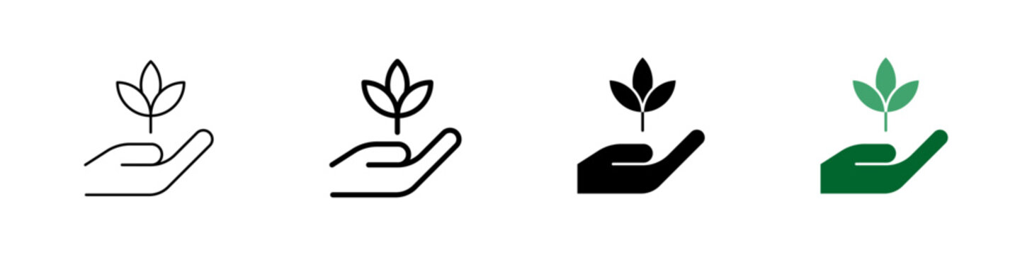 Plant in hand icon set. Sustainability, environmental care and eco symbol. Green leaf pictogram for nature protection, ecology, renewable energy, gardening and conservation design.