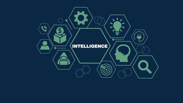 Intelligence concept with interconnected hexagons and icons on dark blue background knowledge learning