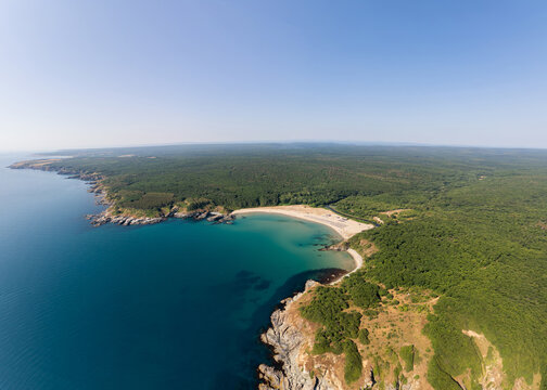 Aerial View of Silistar Beach Bay Surrounded by Forest in Bulgaria