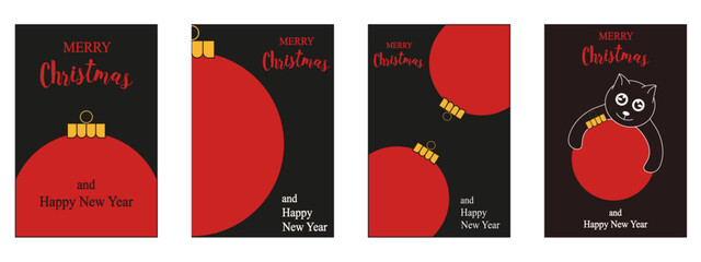 Christmas Poster cover Set. Vector illustration of simple Christmas ball black cat and Holiday message. Xmas greeting Card collection. EPS 10 © Olga Igumenova