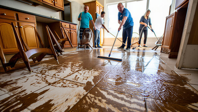 Group of people cleaning flooded kitchen floor with mops in daylight  