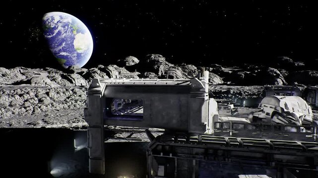 lunar research outpost with earthrise, sensor arrays, observatory dome, scientific consoles, quiet vacuum environment, analytical instruments