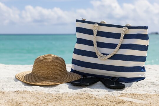 The striped beach bag by the turquoise sea with hat and sandals