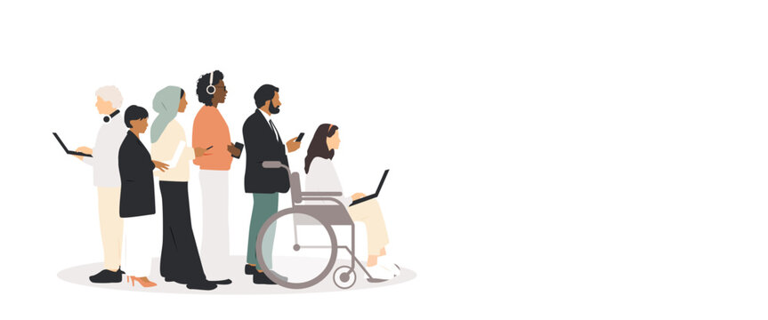 Group of people with phones and laptops.