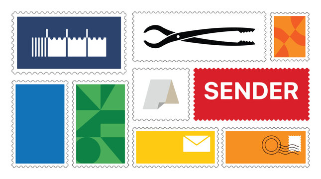 Vintage postage stamps collection, colorful philately mail stickers with sender text and geometric patterns, flat vector postal icons set