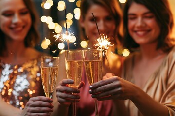 Obraz premium The Champagne Flutes Celebration Amid Sparkler Sparks and Warm Bokeh