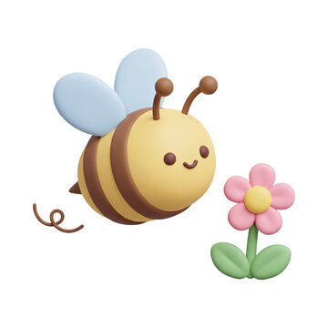 Cute 3D rendered cartoon honey bee flying toward pink flower icon isolated on transparent background for nature spring animal design element project graphic asset