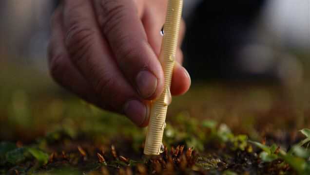 Hand planting stick in soil among green foliage outdoors  
