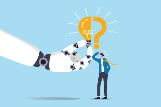 Artificial Intelligence AI help giving solution to solve problem, answer question or assistant innovation tech to support employee, robot hand giving lightbulb answer to match question mark question.