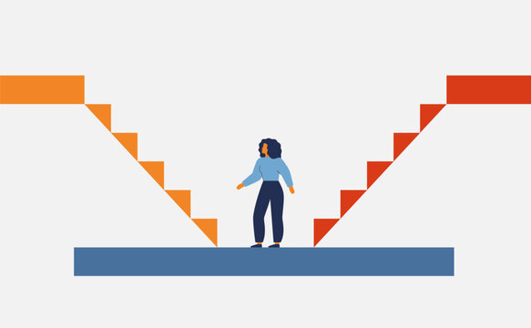 Woman choices career or life paths. Girl stands between two ladder. Business concept of decision making, opportunity, direction, progression for females. Vector illustration