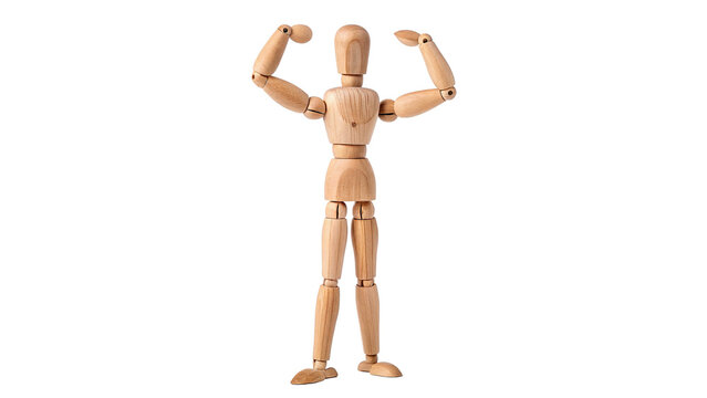 Artistic wooden human mannequin figure showing muscles pose isolated on transparent background