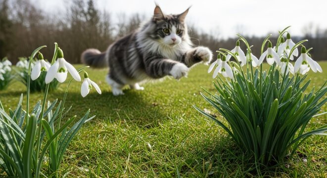 Playful tabby cat leaping across a grassy meadow surrounded by blooming white snowdrop flowers, capturing a lively springtime outdoor nature scene