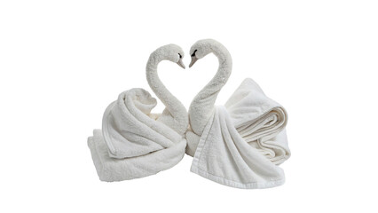 Two white bath towels folded as elegant swans isolated on transparent background © Olga