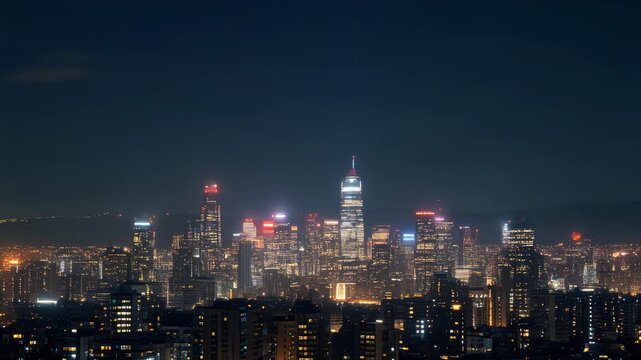 City skyline lights softly fading on green screen urban nightscape glowing architecture illumination isolated background for creative design and presentation