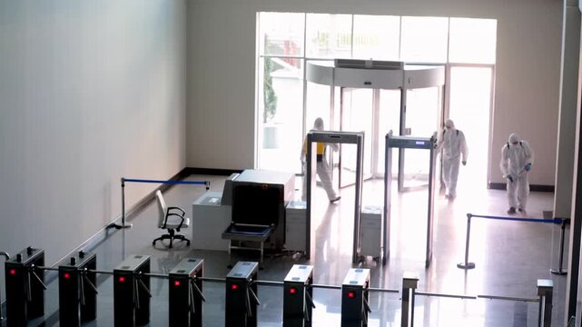 Professional Disinfection Team Sanitizing Public Areas, Hygiene and Safety Concept	