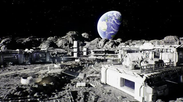 Robotic construction assembling lunar habitat modules with cranes and drones, welding arms, modular platforms joining into clusters, precision servos