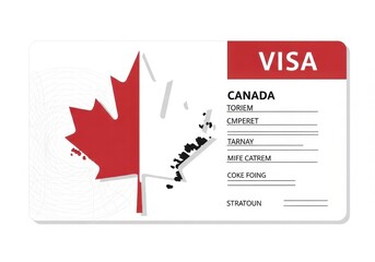 Obraz premium Canada visa card with red maple leaf design and personal information fields, ai illustration travel graphics, AI generated