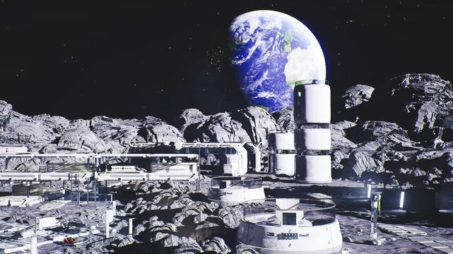 communication relay field with antenna arrays and signal dishes pointing toward earth, transmission modules and uplink infrastructure on crater rim create