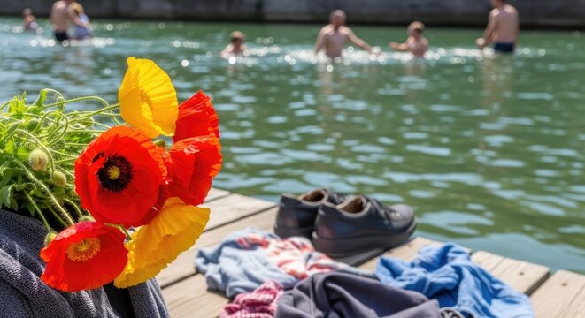 colorful flowers and personal belongings by lakeside with people swimming in background, relaxed summer atmosphere, leisure activity, outdoor recreation by calm water