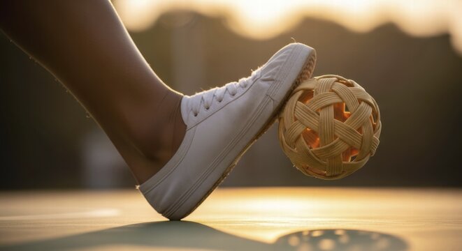 An extreme close-up captures the moment a sepak takraw ball is struck by a white sneaker, with the warm glow of sunset in the background, AI generated