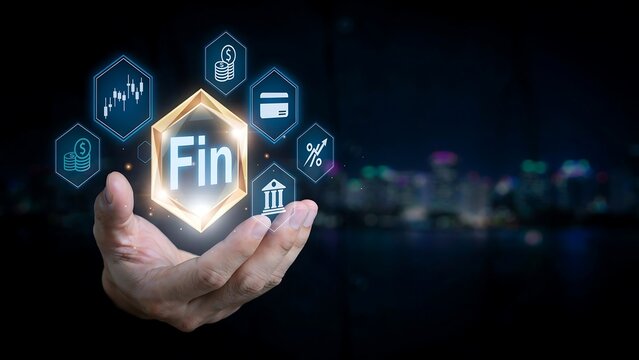 Human hand holding floating digital financial icon hologram for fintech concept