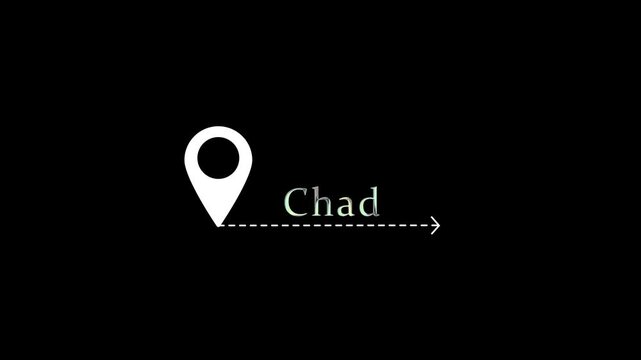 Minimalist gps location pin moving to chad on black map background, travel navigation animation, gps pin animation