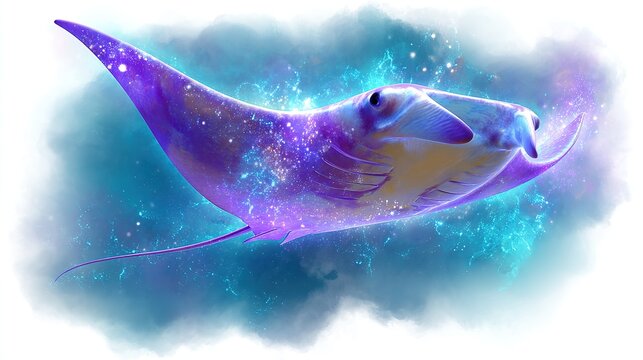 Cosmic Manta Ray: A magnificent manta ray, imbued with the ethereal glow of a nebula, glides through a celestial ocean, its form outlined by stardust and cosmic light.