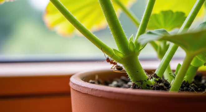 potted green houseplant near window with soft natural light, closeup of stems and leaves, indoor gardening concept, fresh and minimal home atmosphere