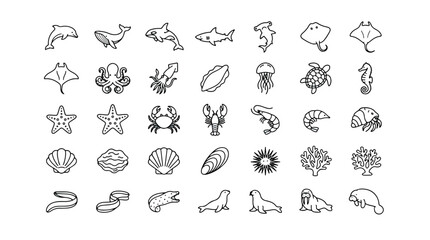 Minimalist sea life icons, set of 35 black line art ocean animal vectors, simple aquatic creature illustrations for marine biology and education © Bilal