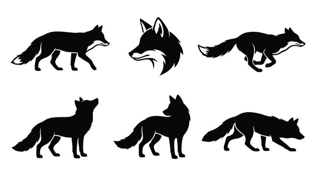 A collection of black fox silhouettes in various poses including running standing and walking for creative graphic design projects