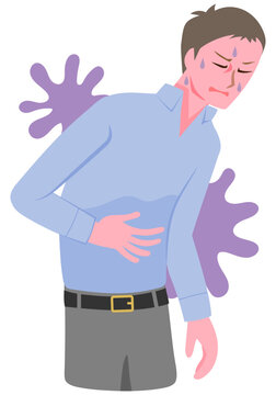 Vector illustration of a man suffering from stomach pain and breaking out in a cold sweat.